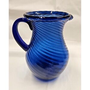 Vintage MCM Cobalt Blue Swirl Hand Blown Glass Pitcher Vase 5" Pontil Mexico